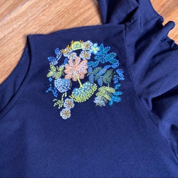 navy blue floral shirt embroidered flutter butterfly sleeve boho‎ - Picture 6 of 7